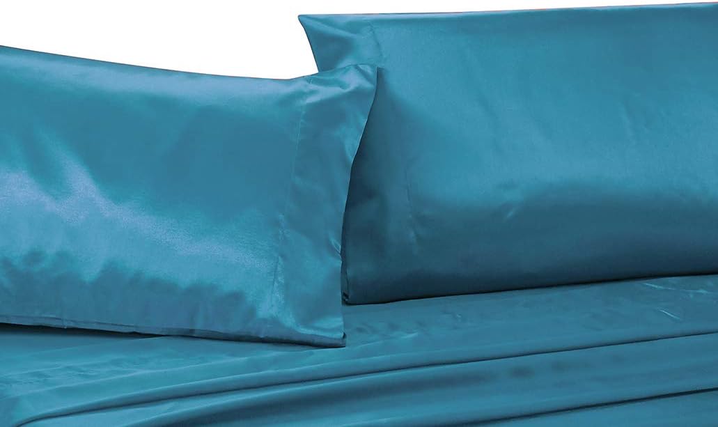 4pc Queen Size Satin Sheet Set Solid Turquoise Super Soft Touch Bridal Cozy Adorable Deep Pocket New (Turquoise, Queen)