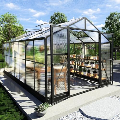 AMERLIFE 8x14x7FT Polycarbonate Greenhouse Walk in Greenhouse with Quick Connect System Green House with 4 Vent Windows and Swing Door Greenhouses for Outdoors Glossy Black