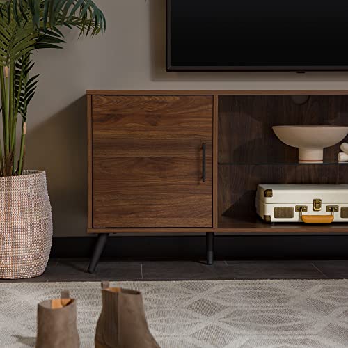 image for Walker Edison Saxon Mid Century Modern Glass Shelf TV Stand for TVs up