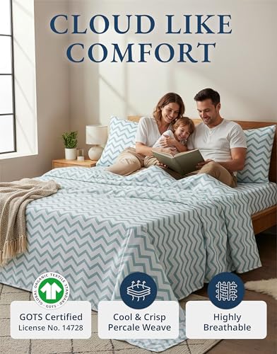 Image of LANE LINEN 100% Organic Cotton Full Size Sheet & Pillowcase Sets, Fully Elasticized Soft & Comfy Printed Percale Bedding, Temperature Regulating Printed Cotton Sheets Full - Chevron