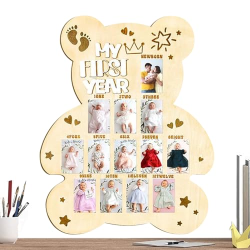 Nybhyjka Pizarra de fotos de primer año para bebé, marco de fotos para niños pequeños, bonito marco de fotos de madera para el primer cumpleaños, día de adopción, celebración, familias adoptivas