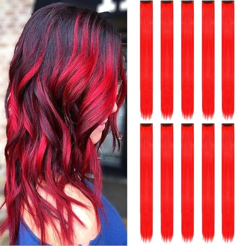 KHDULQ 10 Pièces Rouge Extension Cheveux Extension a Clip Cheveux Naturel Cheveuxs Rajout Clip Cheveu Naturel Partie Mettre En évidence Les Rayures De Cheveuxs...
