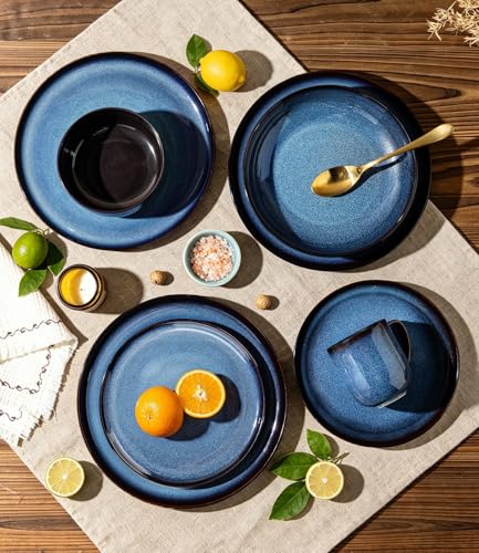 Image of LERATIO Ceramic Dinnerware Sets for 4,16-Piece Reactive Glaze Plates and Bowls Set with Mugs,Highly Chip and Crack Resistant | Dishwasher,Microwave & Oven Safe Dishes set-Blue