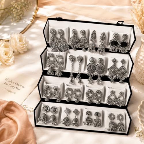 Image of Oxidized Designer Stud Earrings Set of 16 with Folding Jewelry Box | Traditional & Modern Earring Set for Women & Girls