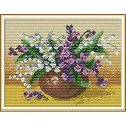 Image of JOYSEWING Flower Basket Stamped Cross Stitch for Adult Counted Cross Stitch Printed Embroidery Kits for Beginners DIY Easy Handmade kit Home Decor (Lily of the Valley vase(11CT) 18.11 x14.57 inch)
