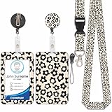 Porte Badge avec Cordon Tour De Cou avec Porte Cartes, Porte Cartes avec Enrouleurs de Badge Rétractable, Détachable Lanyard, Swivel Lobster Clasp, pour porte badges d'Identification (Fleur Noire)