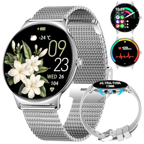 LIGE Montre Connectée pour Femme - Appels Bluetooth - pour Android iOS - 100+ - Sport - Écran AMOLED - Écran Always-on - Argenté - Bracelet Grillagé - Moniteur de Fréquence Cardiaque - Moniteur de