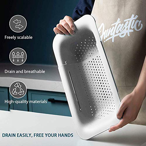 Image of Sink Colanders and Strainers Basket Retractable Plastic Fruit Vegetable Strainer Drainer Basket for Kitchen (Length 14.3 inch-19.4 inch) (White)