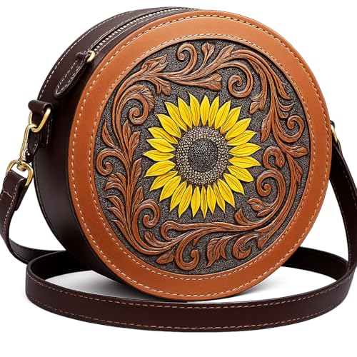 Leather Sunflower Bag - Hand Stitched Sunflower Purse for Women - Western Bags w/Adjustable Strap - Convertible Crossbody Boho Leather Purse