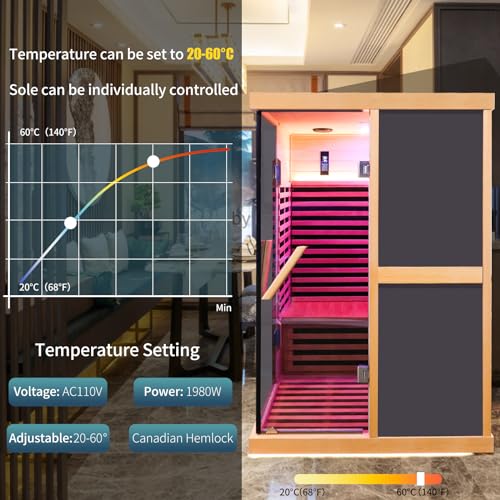 Infrared Sauna 1980W Wooden Saunas Home Spa Room Canadian Hemlock Wood Low-EMF Indoor Saunas with APP Control for Two Person - Image 3
