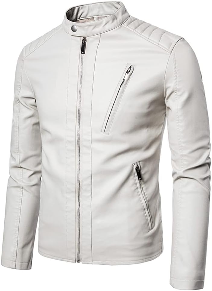 CNSTORE Jaqueta masculina Casaco de couro masculina com gola alta para motocicleta, casacos leves de couro sintético com bolsos