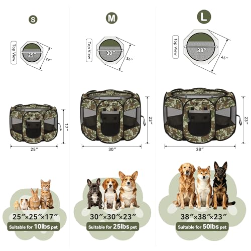Image of Siedihit Playpen for Small Dog Cat, Dogs Tent Crate Cage Indoor /Outdoor, Portable Pop Up Dog Kennel with Carrying Bag for Rabbits, Removable Top (Green Camo, Small)