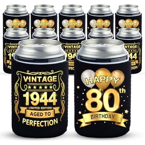 Greatingreat 80th Birthday Can Cooler Sleeves Pack of 12-80th Anniversary Decorations- Vintage 1944-80th Birthday Party Supplies - Black and Gold Eightieth Birthday Cup Coolers Cover