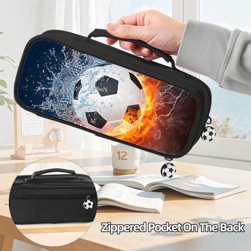 Image of Soccer Pencil Case for Boys - Large Pencil Pouch for Boys with Zipper Compartments & Handle - Big Capacity Pen Organizer Box Bag for Kids Teens School Supplies
