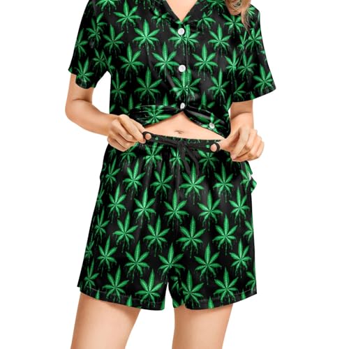 Image of Silk Satin Pajama Set for Women Summer Lounge Pjs Sets 2 Piece Suit Ladies Button Down Tops And Shorts Sleepwear