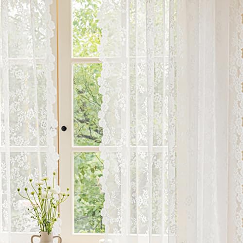 TOATELU Lot De 2 Rideaux en Dentelle Florale Blanche, Rideau en Tulle Blanc avec Broderie Florale, Rideau Dentelle