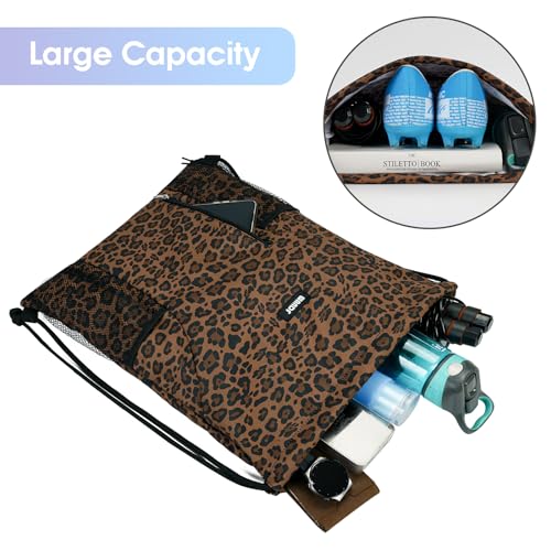 Image of WANDF Drawstring Backpack Sports Gym Sackpack with Mesh Pockets Water Resistant String Bag for Women Men (Brown Leopard)