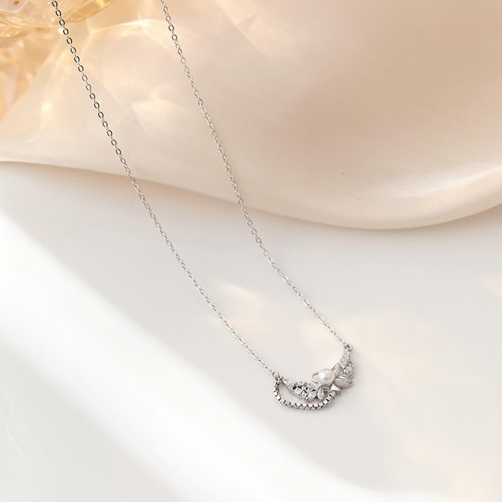 Collana Perla Lunga, Collana Donna Vintage Ciondolo Catenina Gioielli Oro Bianco 9K/14K/18K con Moissanite Foglia 40+5cm