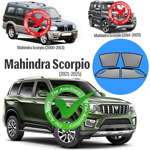 Image of AutoStory Magnetic Car Sunshade for Scorpio 2021-2025 | Front Half Cut for Mirror Visibility + Rear Full Coverage with Zipper | Heavy Heat & UV Protection | Privacy Side Window Curtains Shades