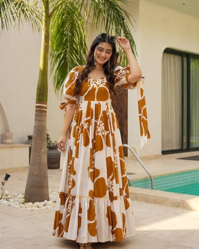 Image of Modestouze Attires Women's Floral Pattern Rayon Blend Maxi Dress with Sweetheart Neck Half Puff Sleeve Floor Length and Zipper Closure Type | Maxi Dress for Women Stylish | Dress for Women