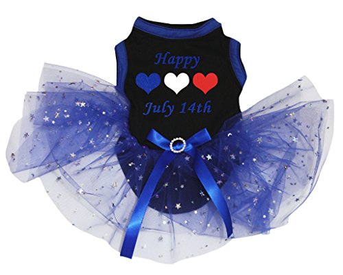 Petitebella Puppy Clothes Dog Dress Happy July 14th Black Top Stars Blue Tutu (Small)