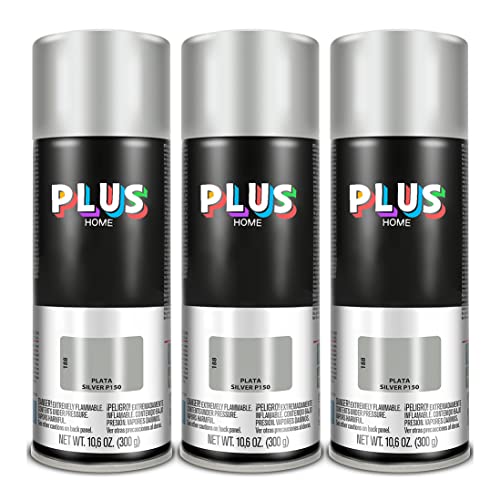 PLUS HOME Pintura Spray 520cc para pintar todo tipo de super cies: madera, metal, cartón, tela, piedra, bra de vidrio, plásticos rígidos, etc para bricolaje y DIY.Plata (Ral:P150)(Paquete de 3)
