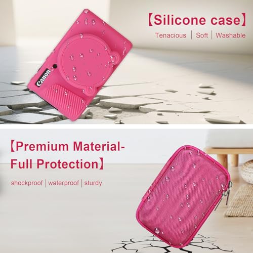 Image of Elonbo Camera Case for Canon PowerShot SX740 / SX730 Digital Camera, Canon SX740 / SX730 HS Hard Carrying Case + Soft Silicone Cover with Removable Lens Cover, Rosered