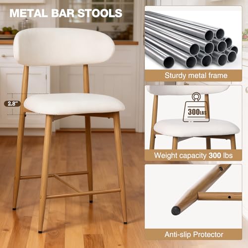 Image of AQO Counter Height Bar Stools Set of 6, Upholstered Counter Stools Modern Barstools with Metal Legs for Kitchen Island Dining Room, Beige