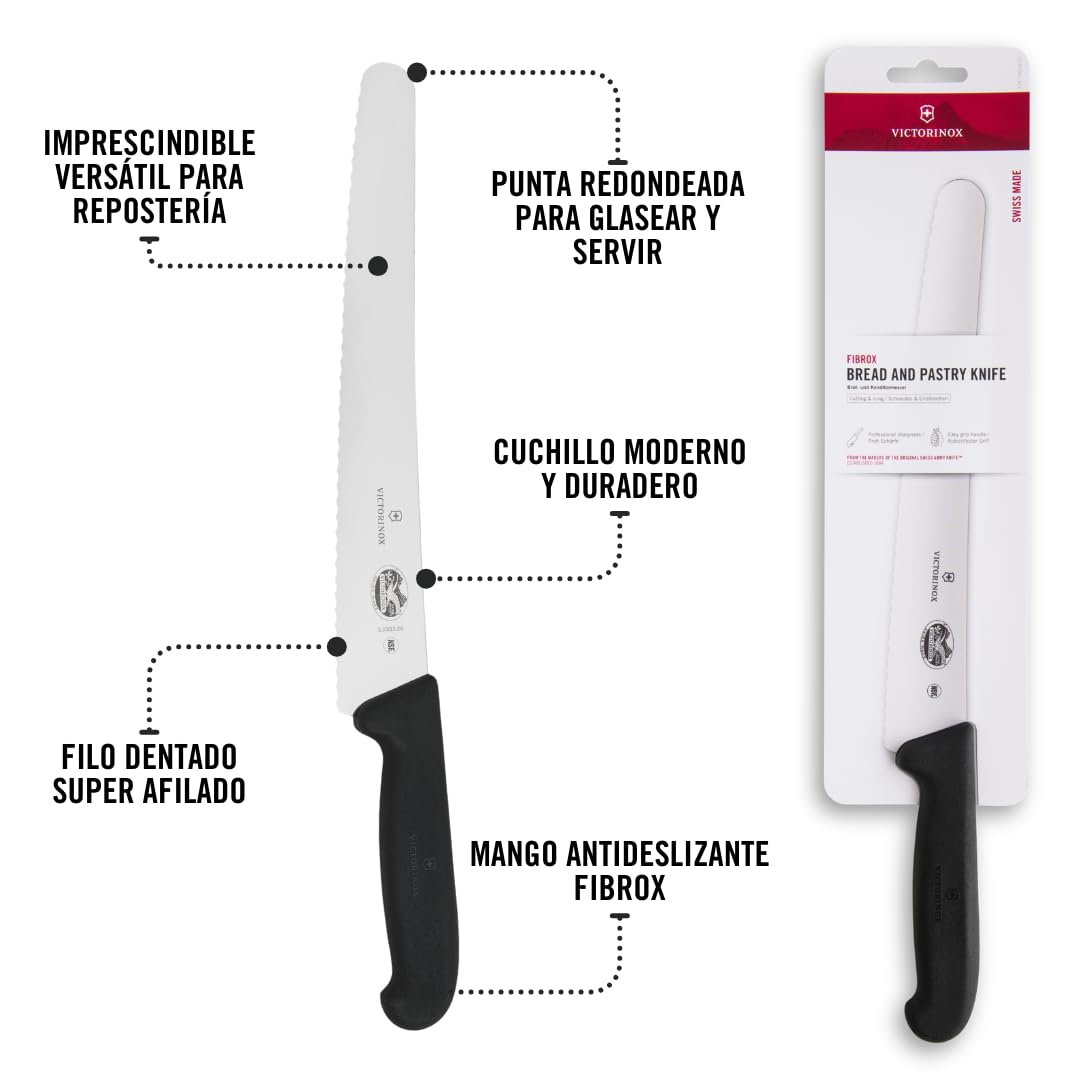 Victorinox Fibrox Sierra para repostería con hoja dentada, cuchillo de cocina largo para repostería y pastelería, 26 cm, afilado, acero inoxidable, negro