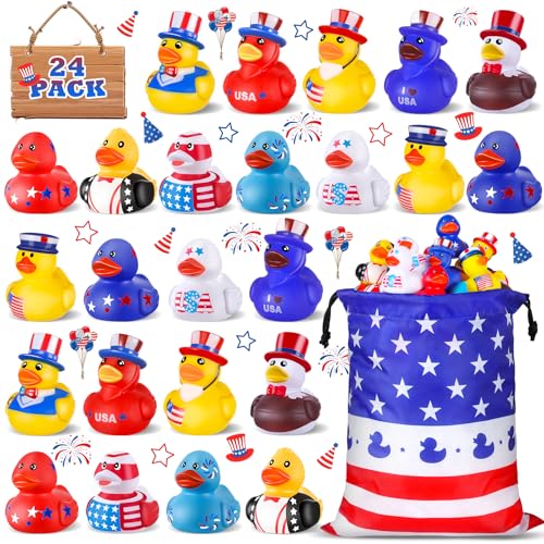 24 Pcs Patriotic Rubber Ducks with Bag 4th of July Jeep Ducking Bulk