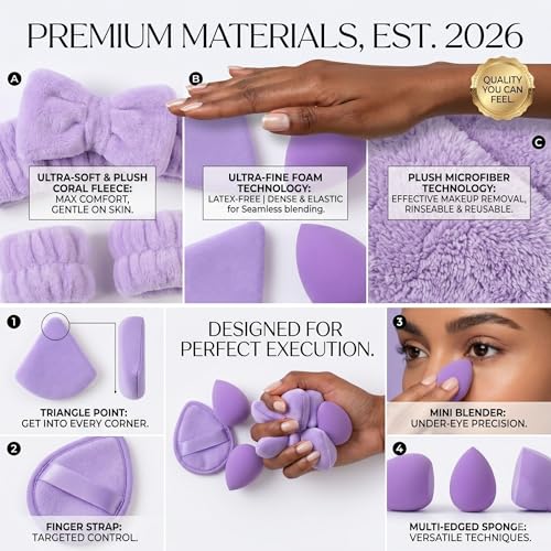 Image of 20pc Essential Makeup Sponge Kit Set - Soft-Touch Makeup Sponges for Cream & Liquid - Aesthetic Bow Spa Set & Wristbands - Under-Eye Precision Puffs & Blender Cleaner - Complete Beauty Organizer Kit for Girls & Women (Lavender Edition)