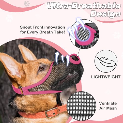 Image of Dog Muzzle, Soft Air Mesh Muzzles for Large Sized Dogs, Breathable Dog Mussels for Scavenging Biting Licking & Barking, Adjustable Mouth Guard with Front Opening, Allows Panting and Drinking (Pink,L)