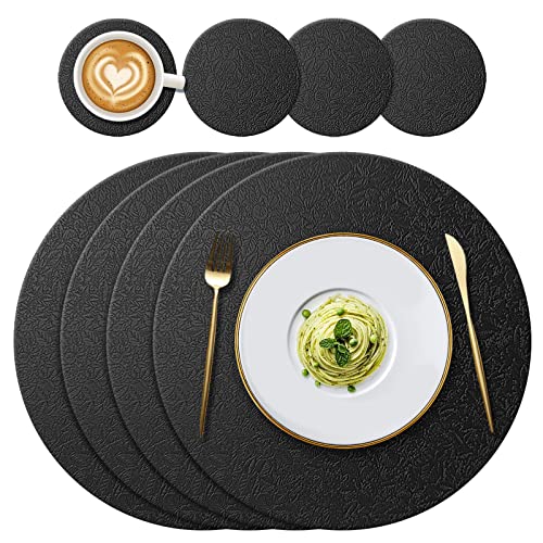 YUNJUER Round Silicone Placemats (34cm) and Coasters (10cm) Set of 4, Heat-Resistant 450 °F