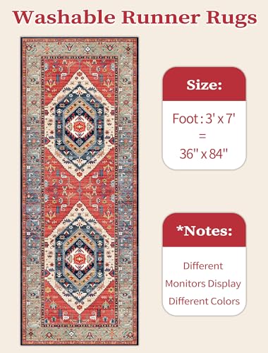 SERISSA Boho Kitchen Runner Rug, 3x7 Washable Non-Slip Runner Rug for Hallways Kitchen Rug, Ultra Soft Vintage Rust Print Distressed Tribal Floor Carpet Runner for Bedroom Entryway Laundry Room