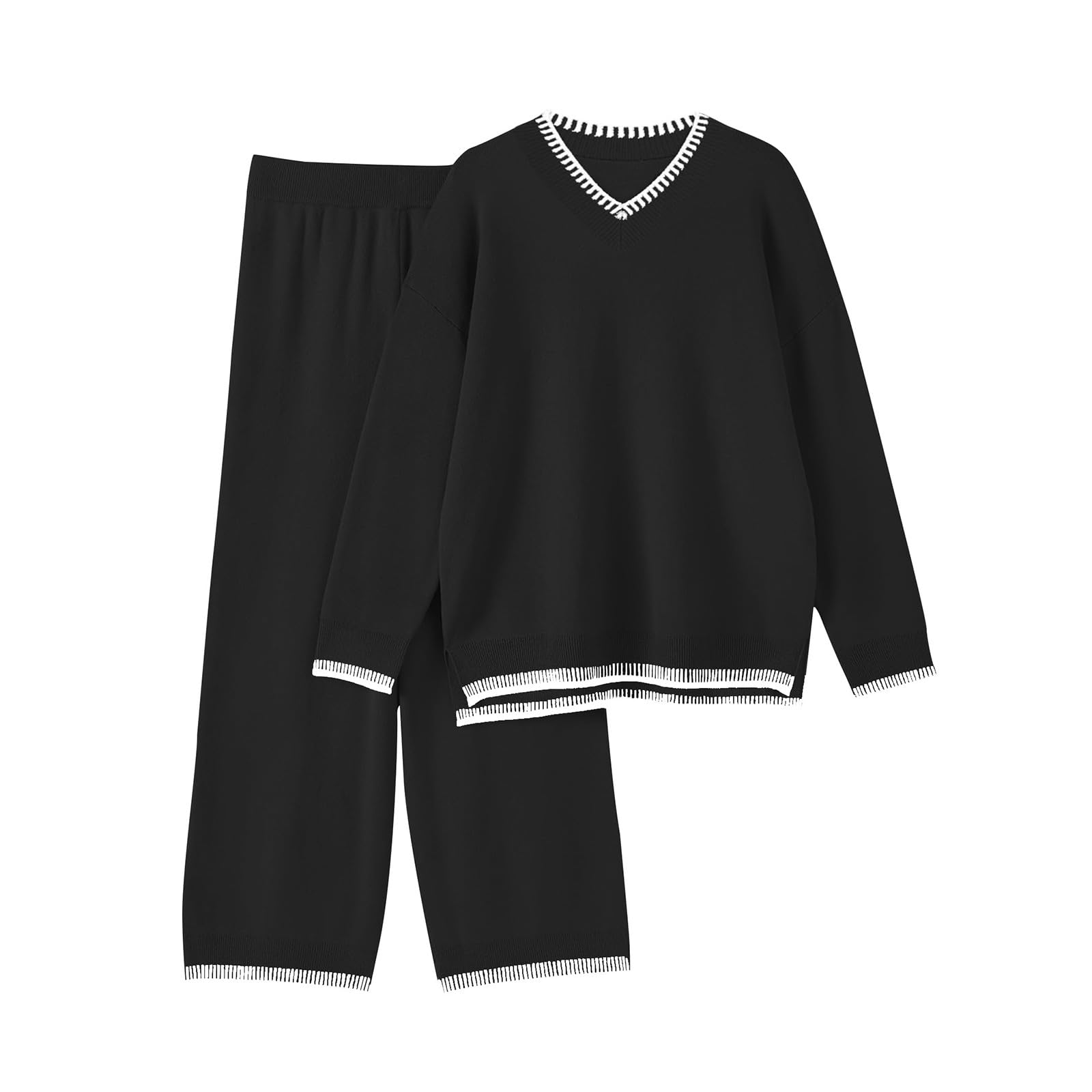 Generico Pigiama 𝐃onna con Bottoni Davanti per Set da 2 Pezzi per Le Donne 2024 Outfit Autunnali Tute alla Maglione Lavorato a Maglia con Scollo a V Set da Salotto Abbinato Accappatoio in