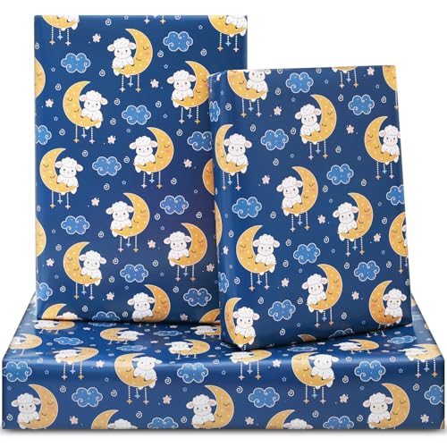 Sheep Lamb Wrapping Paper Blue Eid al-Fitr Al-Adha Mubarak Sheep Lamb on Moons Sweet Design With Stars Wrapping Paper 6 Sheets Folded Flat 20x28 inches per Sheet for Kids Islam Ramadan Holiday Party