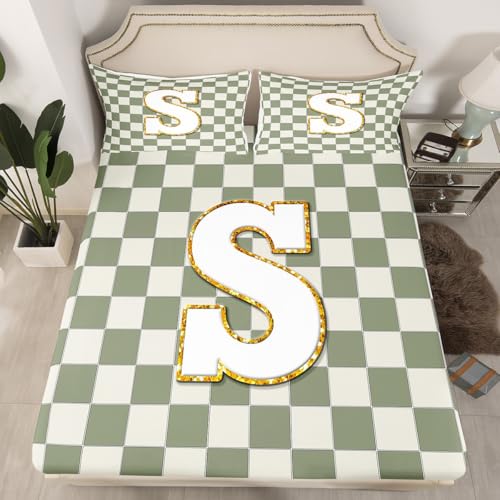 Image of Erosebridal Sage Green Checkered Bed Sheets Twin Plaid Initial S Sheet Set Personalized Monogram Bedding Set for Kids Boys Girls,Fashion Grids Gingham Fitted Flat Sheets 3 Piece