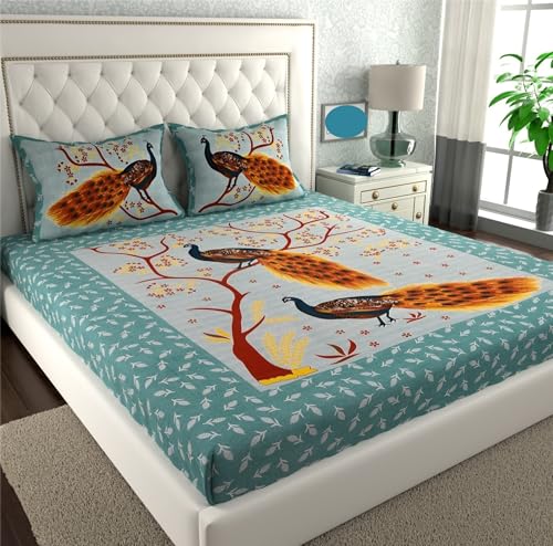 Image of KOUNDAL Rajasthani Jaipuri Sanganeri Printed 144 TC 100% Cotton Bed Sheet Set for Double Bed,Floral Print, Double Bedsheet Cotton with 2 Pillow Covers (Green(Peacock), King)
