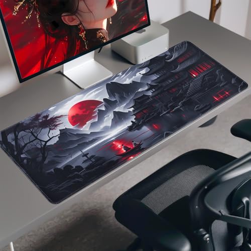 Image of Black Mouse Pad Gaming Keyboard Pad 35.4 x 15.7 in Computer Mouse Pad Anime Gaming Mousepad, Expanded Architecture Cool Desk Pad, Japanese Red Moon Large MousePads Suitable for Home Office