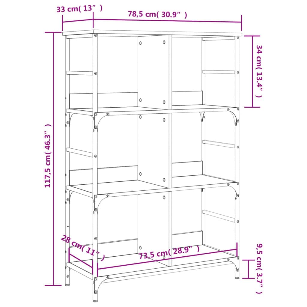 Libreria in rovere affumicato, 78,5 x 33 x 117,5 cm, con 6 scomparti, in legno e acciaio, per soggiorno, ufficio, cameretta dei bambini, divisorio e stoccaggio