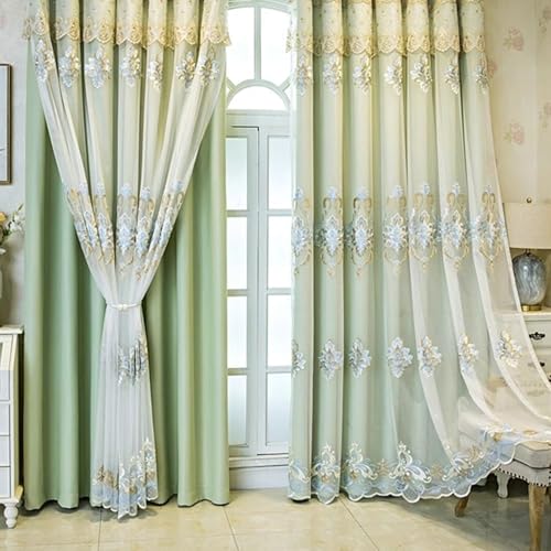 Lirzxin - Cortina opaca (1 par de cortinas, térmicas, con ganchos, estilo europeo, doble capa, lisa, bordada, encaje, cortina, dormitorio, salón, interior, 200 x 270 cm, color verde claro
