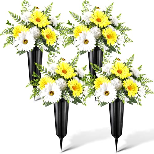 Image of 4 Set Christmas Artificial Cemetery Mums with Vase for Grave