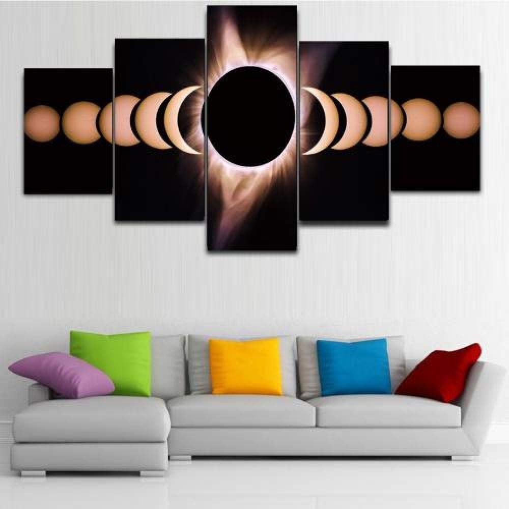 QMCVCDD 5 Panel Wall Art Canvas Night Scene Cuadro Moon Eclipse Landscape Modern Living Room Artwork Home Office Decoration Stretched By Wooden Ready To Hang Hd Print Canvas