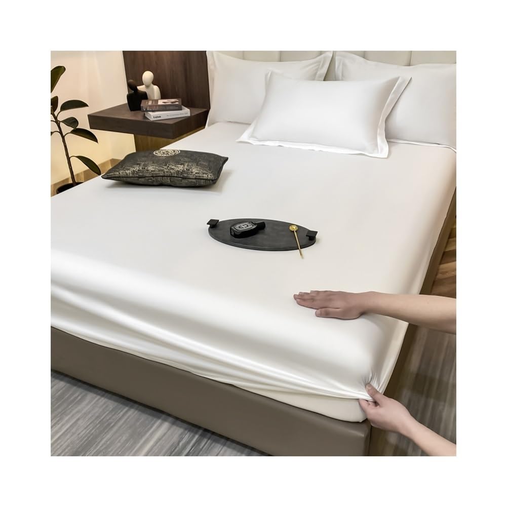 Satynowe prześcieradło z gumką Queen/King Small Double Fitted Bottom Sheet Only Silky Soft Cooling Fitted Prześcieradło 30 cm głęboka kieszeń na materac 1 sztuka (kolor: biały, rozmiar: Twin-xl)