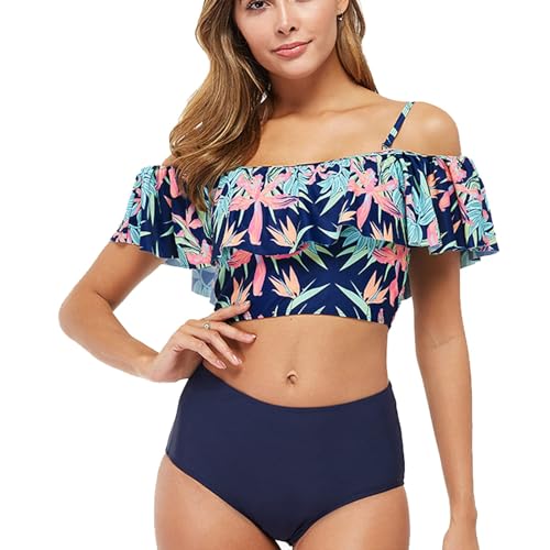 Maillot de bain bikini taille haute à volants bleu clair XL