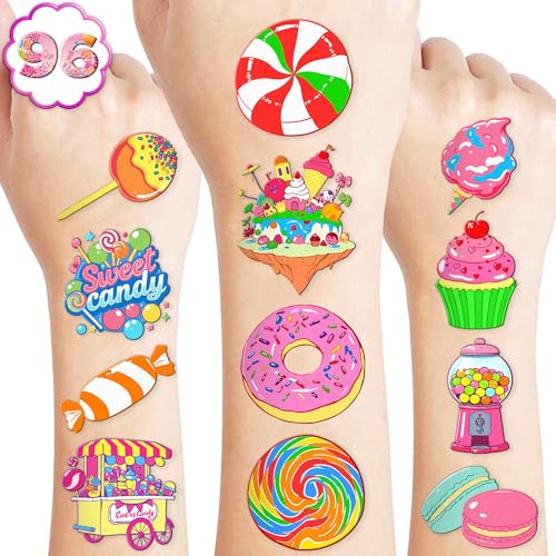 Image of 96 PCS Pre-Cut Candy Temporary Tattoos for Kids Birthday Party Favors | Super Cute Candy Lollipop Themed Supplies Decorations Fake Tattoo Stickers, School Rewards Prizes & Gifts Boys & Girls