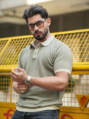 Image of Maniac Mens Grid Textured Green & Beige Polo Neck Half Sleeve Cotton Tshirt