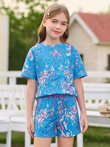 Image of Haloumoning Girls Summer 2 Piece Outfits Kids Oversized T Shirts and Shorts Clothing Sets 5-14 Years