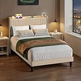 Blishom Letto imbottito con luce LED 120 x 200 cm,Piattaforma Struttura letto (2 Prese CA 2 Porte USB), Per le camere degli ospiti e le camere da letto (Beige, 120 x 200 cm)