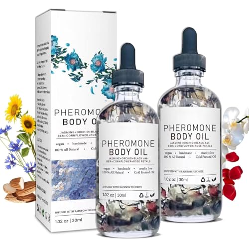 Aceite corporal de feromonas para mujer – con pétalos de rosa y aceite de almendras dulces | Hidrata la piel seca y aumenta la autoestima | Fragancia duradera | 30 ml (2 PCS)